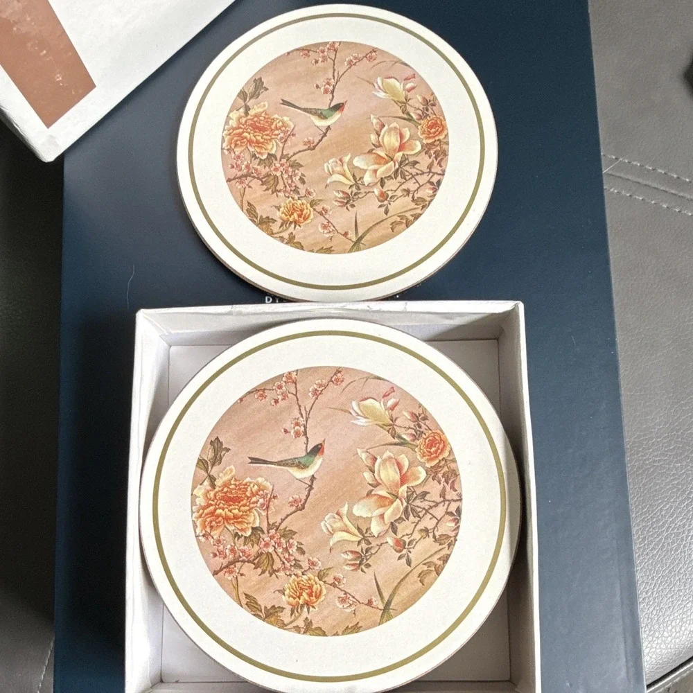 English Life 6pc Round Cork Coaster Set Oriental Birds & Flowers Vintage England